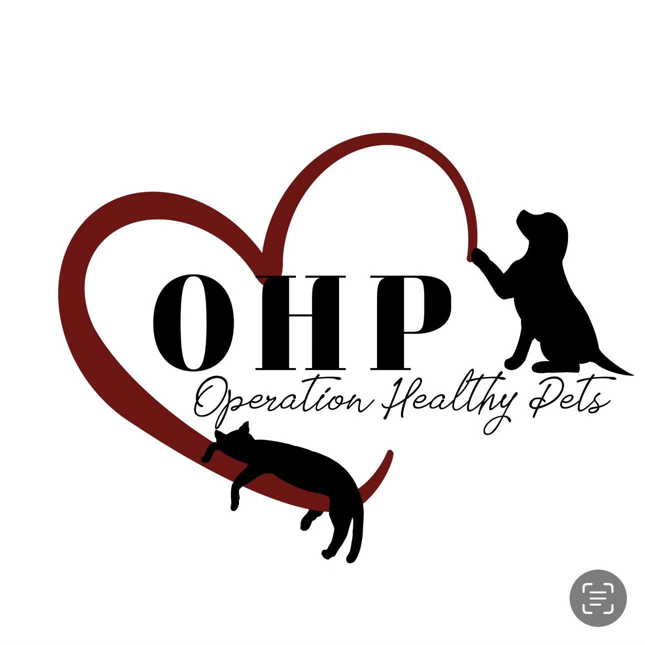 A logo design featuring the text 'OHP Operation Healthy Pets' in black, layered over a large dark red heart outline with black silhouettes of a dog and a cat. 