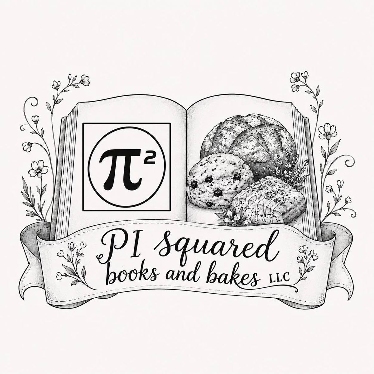 A black and white hand-drawn illustration of an open book with the Pi symbol on one page and pastries on the other, with a banner reading 'PI squared books and bakes LLC' on a light beige background.