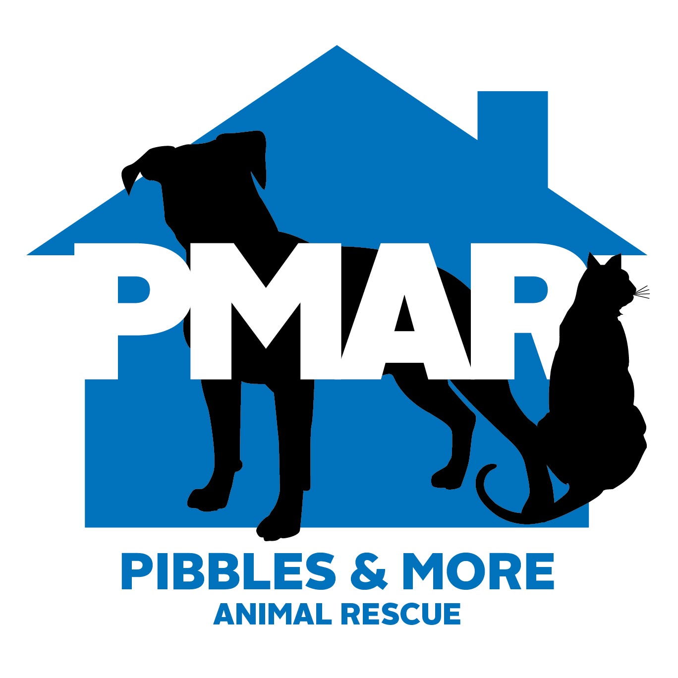 A blue and white logo featuring black silhouettes of a dog and a cat in front of a house shape, with the text 'PMAR' across the center and 'PIBBLES & MORE ANIMAL RESCUE' below.