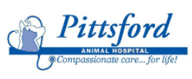 Dog and Cat drawings inside a stethoscope shaped like a heart next to the words Pittsford ANIMAL HOSPITAL and Compassionate care... for life! in blue.