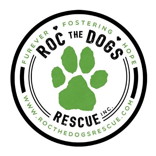 A circular logo for 'ROC THE DOGS RESCUE INC.' featuring a green paw print in the center, surrounded by black and green text on a white background.