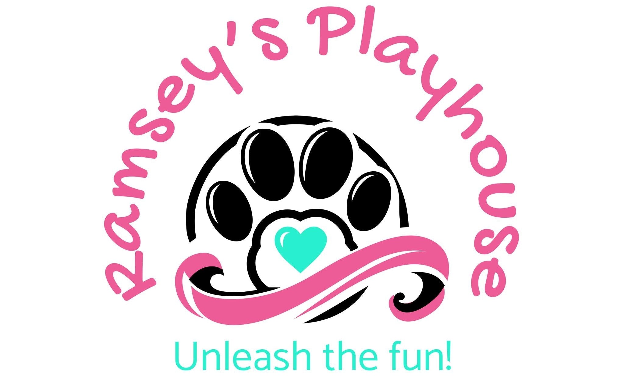 A digital graphic logo for 'Ramsey's Playhouse' featuring a black paw print with a turquoise heart, wrapped in a pink ribbon, with the text 'Ramsey's Playhouse' in pink and 'Unleash the fun!' in turquoise on a white background.