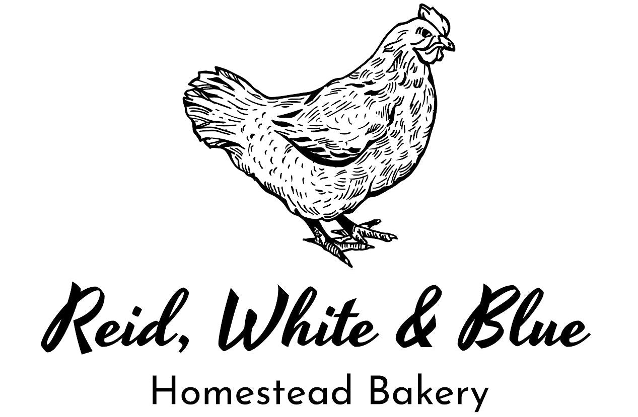 A black and white logo featuring a detailed hand-drawn illustration of a chicken above the text 'Reid, White & Blue' in script and 'Homestead Bakery' in serif font, all on a solid white background.