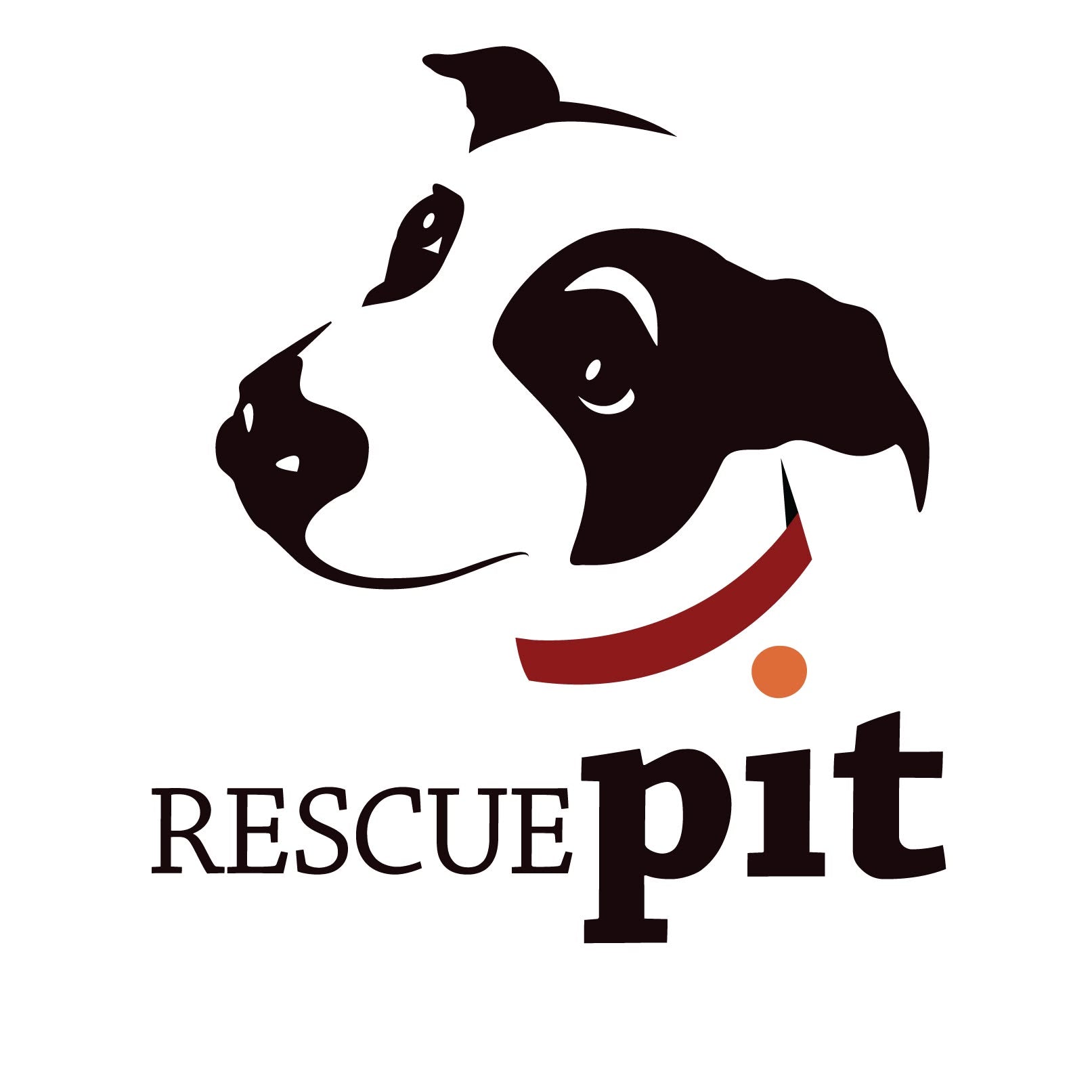 A stylized dog head logo in black and white with a red collar and a small orange dot, above the words 'RESCUE pit' on a white background.