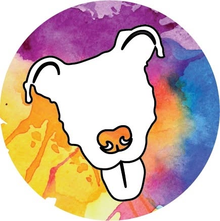 A circular graphic featuring a stylized white dog head outline with an orange nose, set against a colorful watercolor background with purple, blue, yellow, and orange tones.