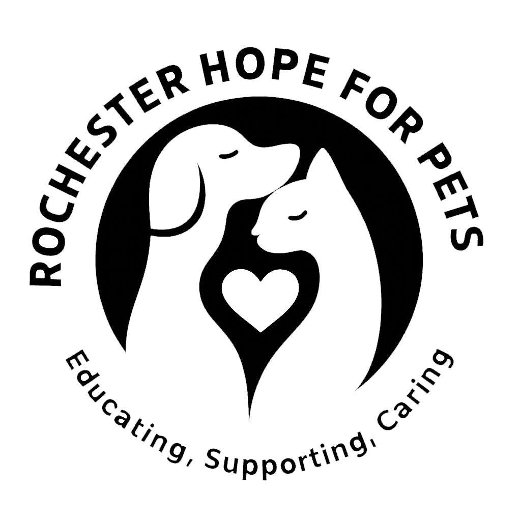 A black circular logo featuring the text 'ROCHESTER HOPE FOR PETS' around an illustration of a dog and cat facing each other with a heart shape in the center. Smaller text below reads 'Educating, Supporting, Caring' on a white background.