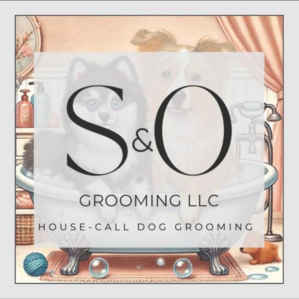 A square promotional graphic for S&O Grooming LLC house-call dog grooming, featuring a large semi-transparent white rectangle over a vintage-style illustration of dogs in a bathtub with bath accessories and the text 'S&O GROOMING LLC' and 'HOUSE-CALL DOG GROOMING'.