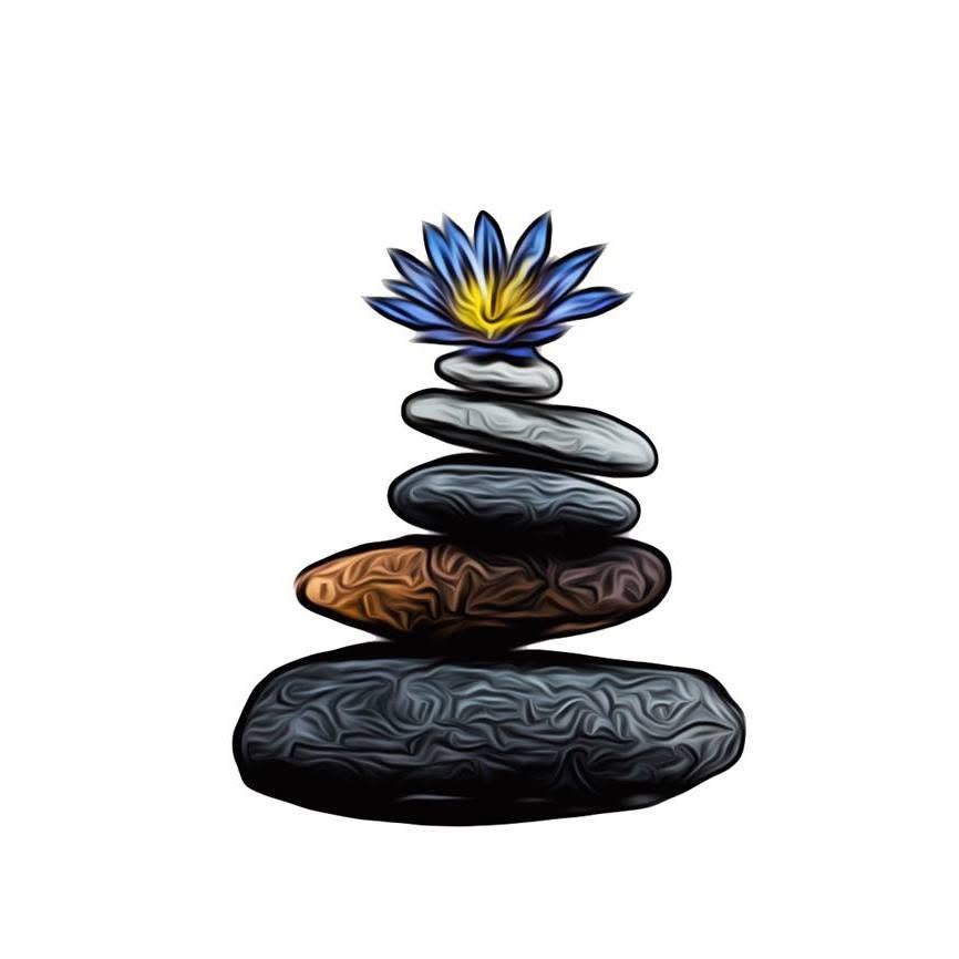 A drawing of a blue and yellow lotus flower on top of five stacked rocks.