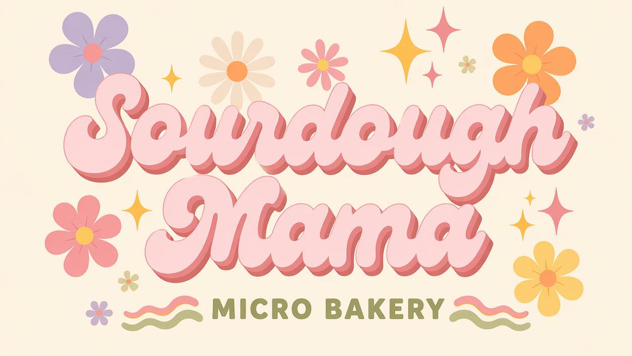 Retro-style bakery logo reading 'Sourdough Mama' in large pink bubbly letters, with 'MICRO BAKERY' below in smaller green text, surrounded by pastel flowers and starburst accents on a cream background.