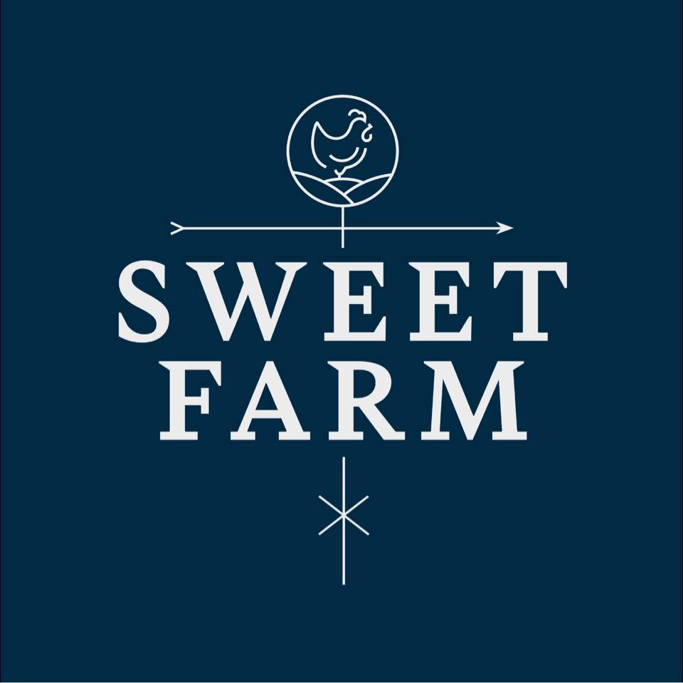Sweet Farm logo featuring a white chicken icon inside a circle above a horizontal arrow, with the words 'SWEET FARM' in large white serif letters on a dark navy blue background.