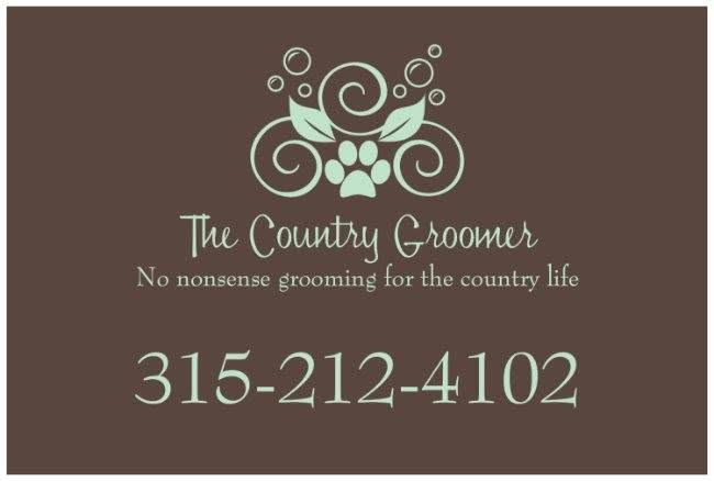 A brown rectangular graphic with a mint green decorative logo featuring a paw print, the text 'The Country Groomer' and 'No nonsense grooming for the country life', and the phone number '315-212-4102'.