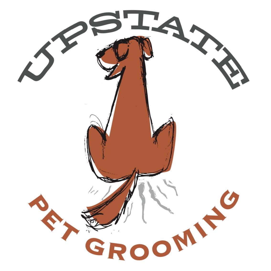 A circular logo for 'UPSTATE PET GROOMING' featuring a cartoon brown dog sitting up, with the words 'UPSTATE' arched above and 'PET GROOMING' curved below in dark gray and rust-brown lettering on a white background.
