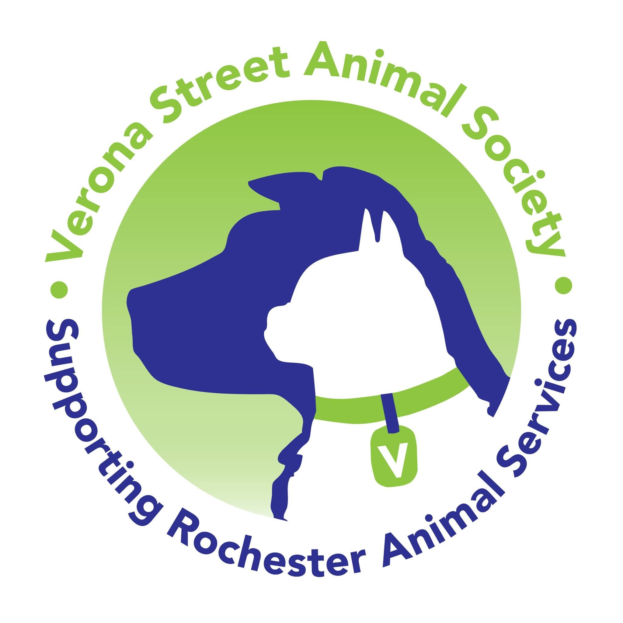 A circular logo featuring a blue dog silhouette and a white cat silhouette wearing a green collar with a tag, set on a light green gradient circle with the text 'Verona Street Animal Society' and 'Supporting Rochester Animal Services' on a white background.