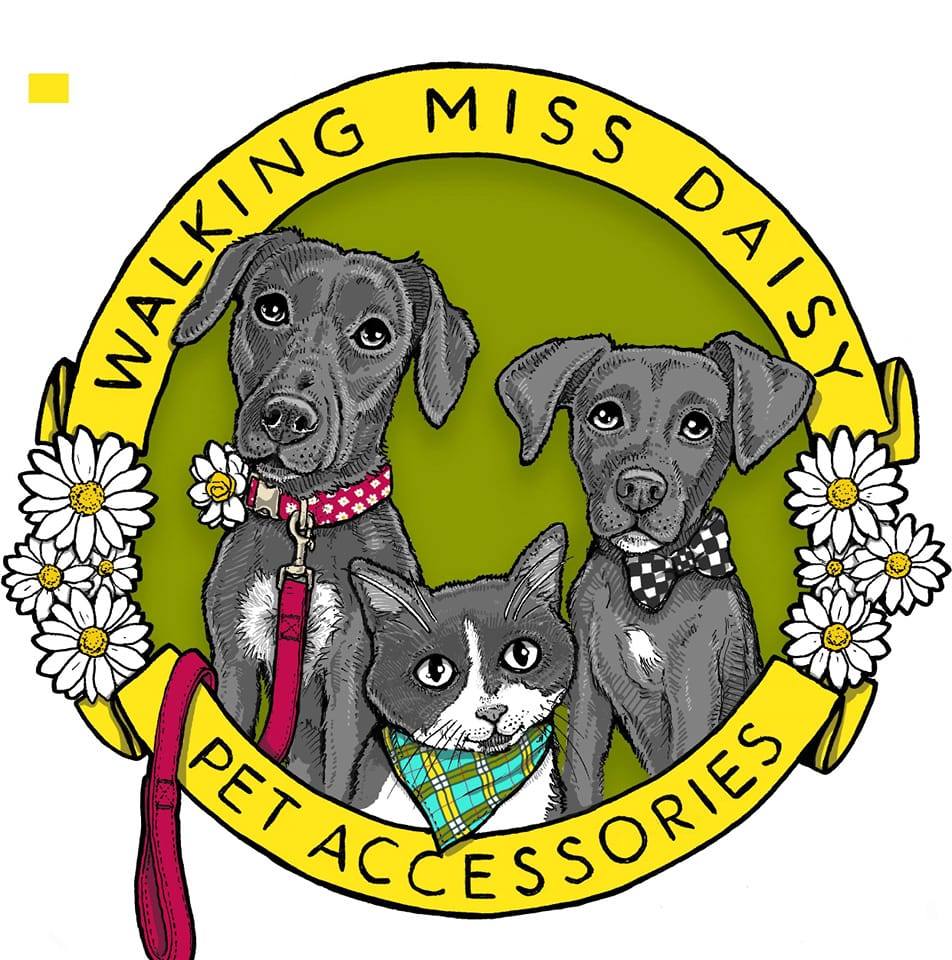 A circular illustrated logo featuring two gray dogs and a gray cat with pet accessories, surrounded by white daisies and yellow ribbon text reading “WALKING MISS DAISY” and “PET ACCESSORIES.”.