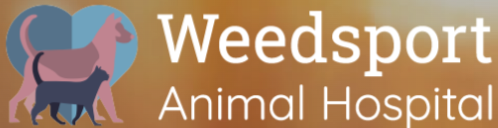 A logo banner for 'Weedsport Animal Hospital' featuring a stylized graphic of a pink dog and a dark blue cat inside a blue heart outline, set against a warm brown gradient background.
