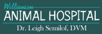 A teal and white digital graphic banner for 'Williamson Animal Hospital' featuring Dr. Leigh Semilof, DVM.