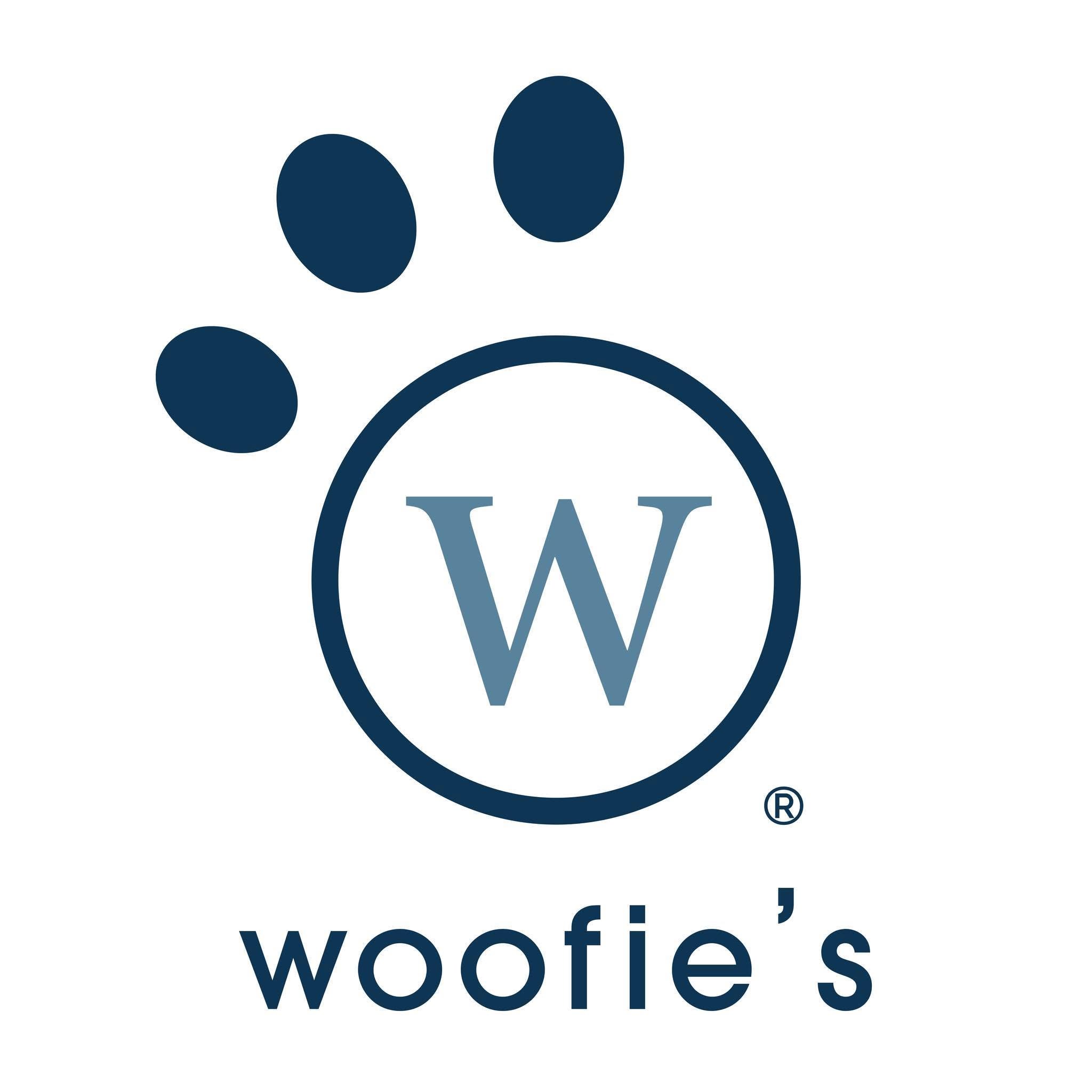 Woofie's logo featuring a dark blue paw print with a light blue letter 'W' inside a dark blue circle, above the text 'woofie's' on a white background.